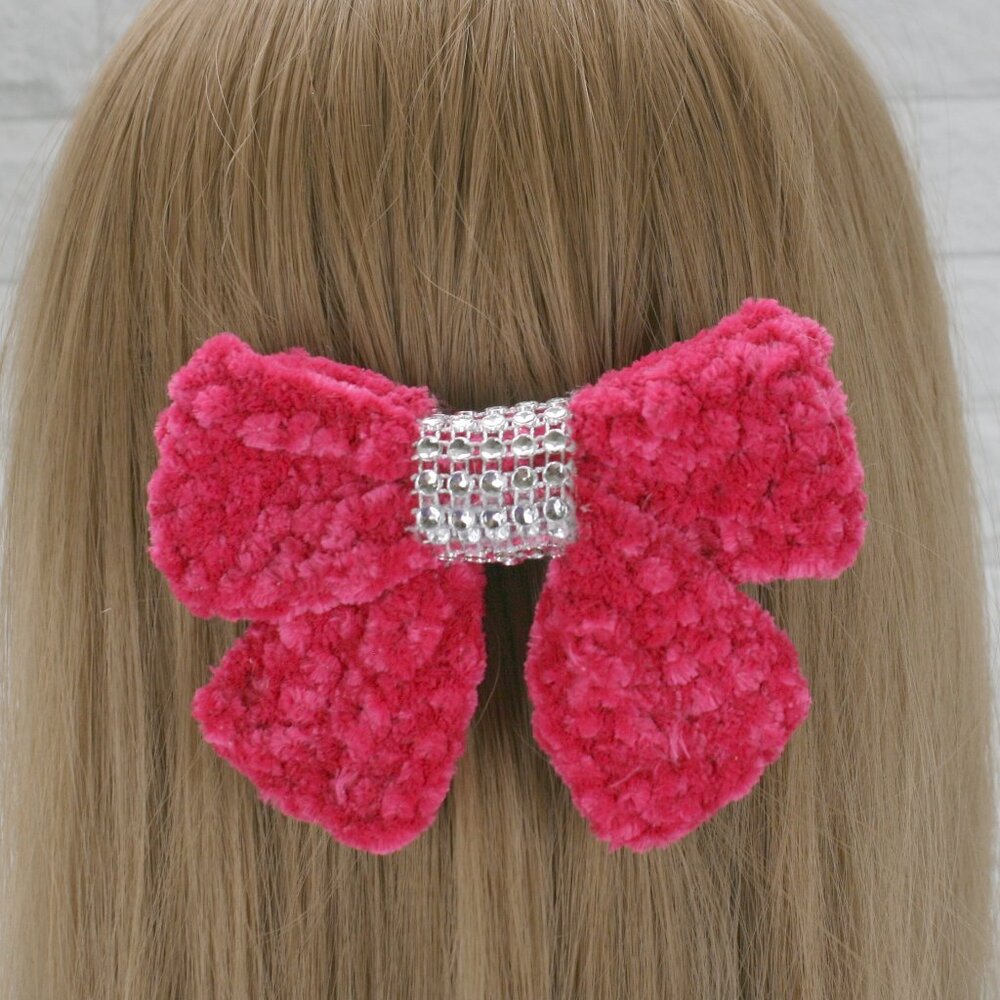 HAND CRAFTED Crochet Bow Chenille Velvet Hair Barrette Oversized Bling Hot Pink